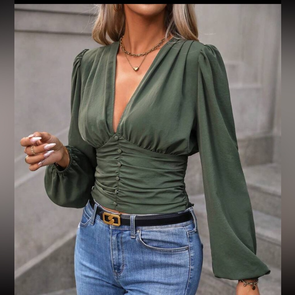 Boho Ruched Smocked Deep V Neck Long Cuff Sleeve Crop Top Blouse Shirt Burgundy - Picture 9 of 9